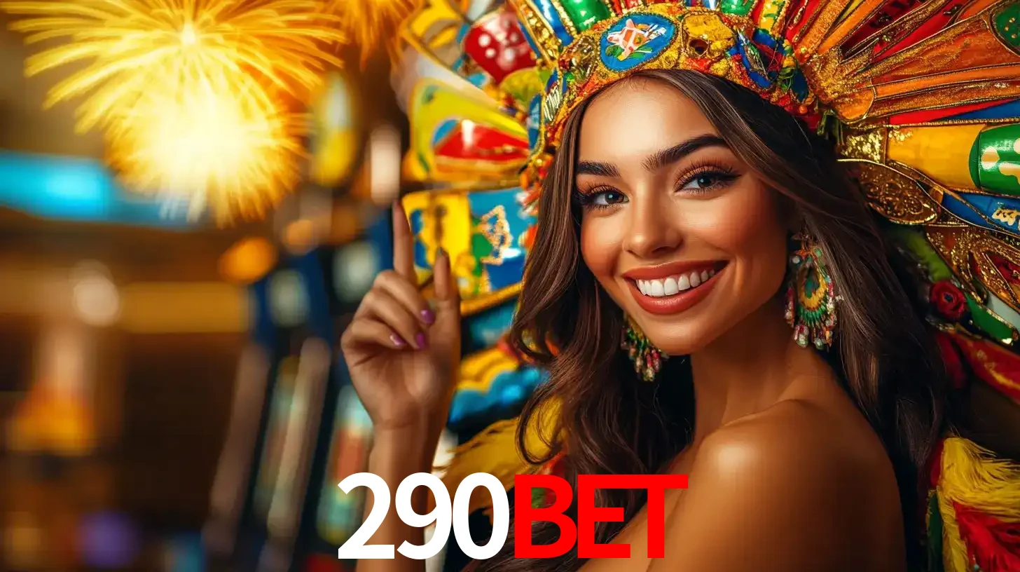 Mulher sorridente com um cocar de carnaval vibrante e colorido, celebrando uma grande vitória nos jogos do cassino 290bet com fogos de artifício ao fundo.