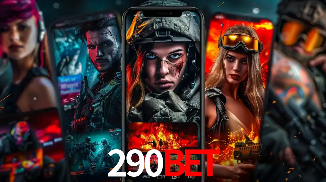 Montagem de telas de celular mostrando diversos personagens, masculinos e femininos, de um jogo de tiro, ilustrando a diversidade de equipes de e-sports para apostar no 290bet.