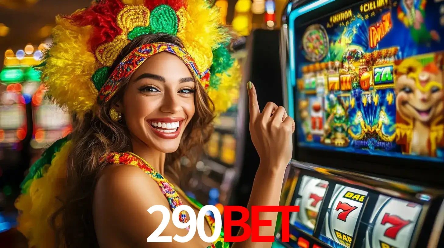 Mulher animada com um cocar de carnaval apontando para uma máquina de caça-níqueis, mostrando a emoção de ganhar um grande prêmio nos jogos do 290bet.