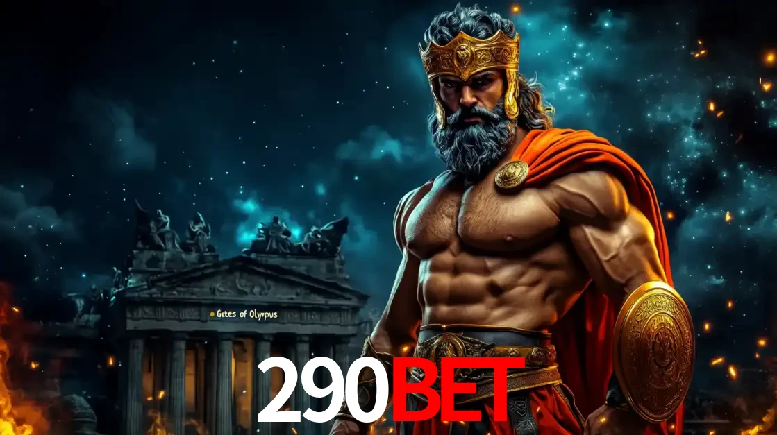 O poderoso Zeus do jogo de slot Gates of Olympus em frente ao seu templo, pronto para lançar multiplicadores divinos e prêmios épicos no cassino online 290bet.