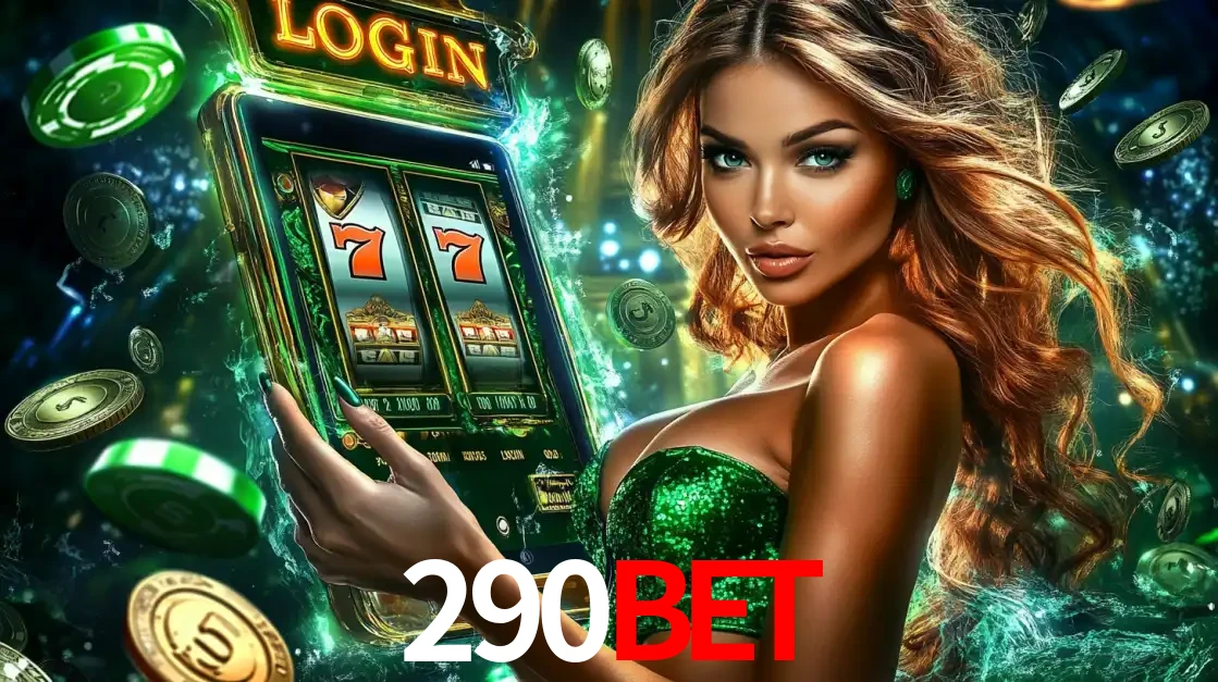 Mulher com tema verde apresentando o aplicativo do cassino 290bet com um jogo de slot de 777, cercada por fichas de cassino e uma aura de sorte.