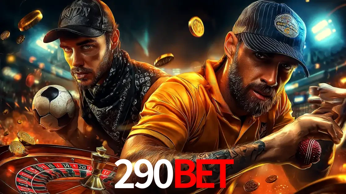 Montagem de apostas esportivas e cassino no 290bet, com um homem segurando uma bola de futebol e outro uma de beisebol sobre uma roleta e moedas voadoras.