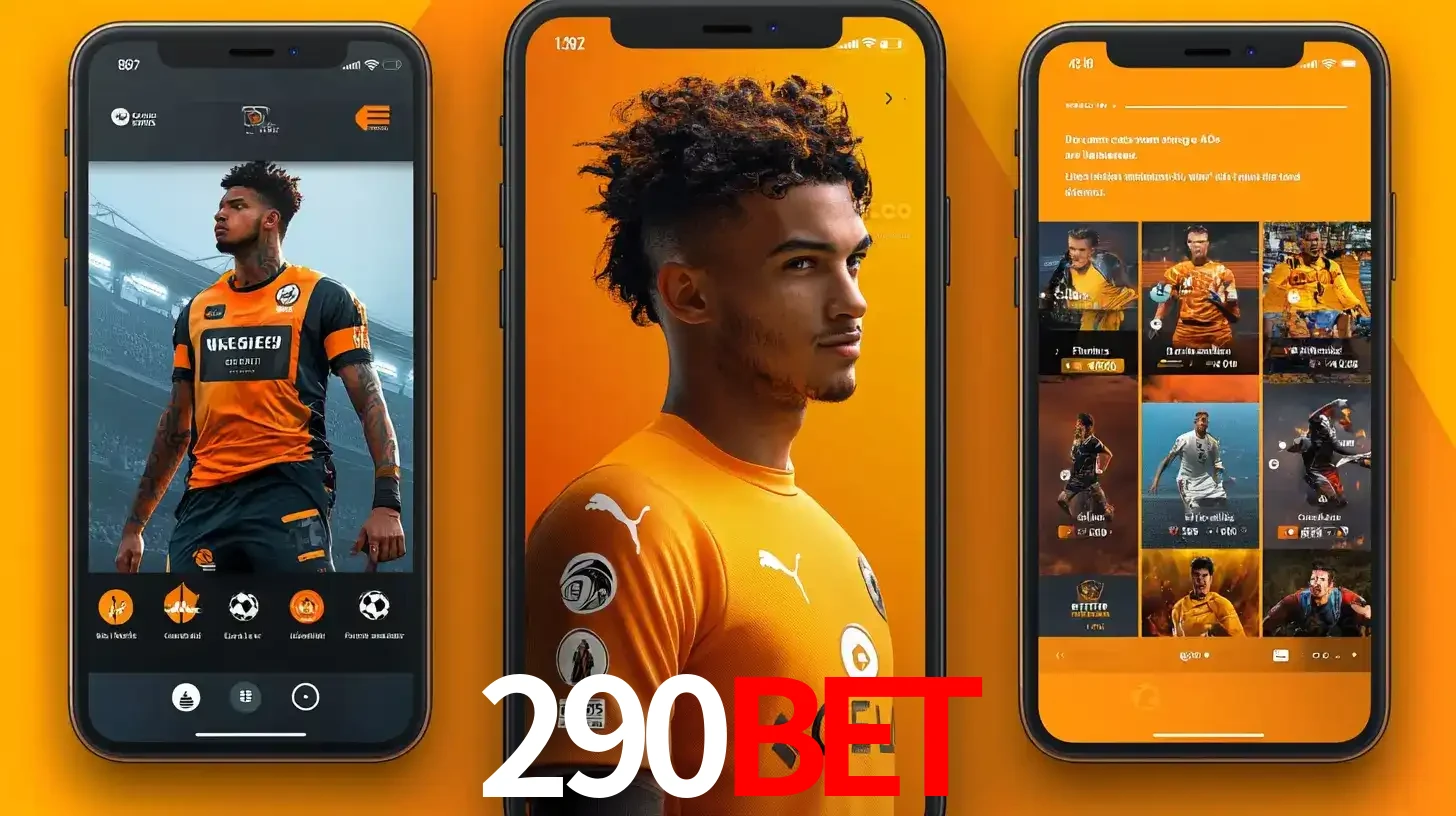 Interface do aplicativo de apostas esportivas 290bet em três telas de celular, mostrando o perfil de um jogador de futebol e a lista de jogos disponíveis para apostar.