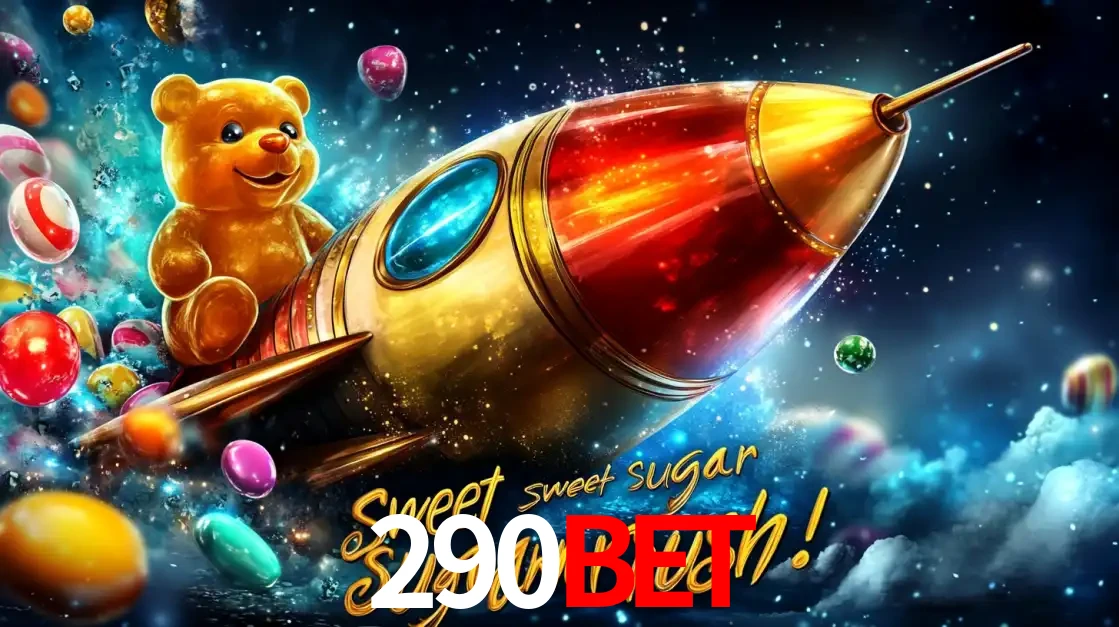 Arte promocional do jogo de slot Sugar Rush, com um urso de pelúcia em um foguete viajando pelo espaço de doces, um dos jogos divertidos disponíveis no cassino 290bet.