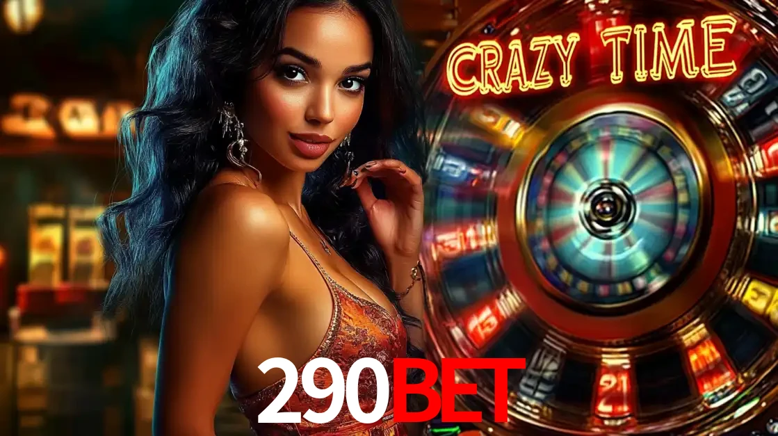 Mulher elegante ao lado da vibrante roda da fortuna do jogo de cassino ao vivo Crazy Time, um dos game shows mais populares e cheios de prêmios do 290bet.