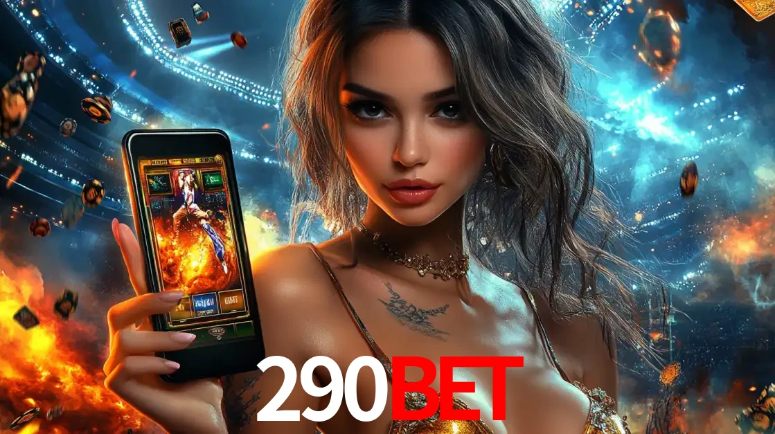 Mulher segurando um celular com um jogo de slot em destaque, tendo como fundo um estádio vibrante, simbolizando a emoção de jogar no cassino móvel 290bet.